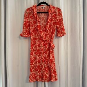 Topshop Orange Floral Wrap Dress Ruffle Hem Short Sleeve Women’s 6